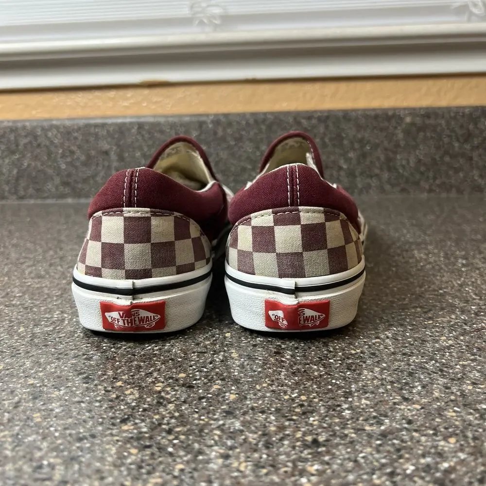 Vans Classic Slip On Skate Shoes Canvas Burgundy Check Print Womens 8.5 Sneakers